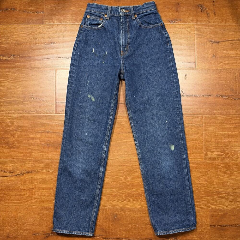 Moussy Jeans Women 24x28 Blue Paint Splatter Medium Dark Wash Denim Japan Made